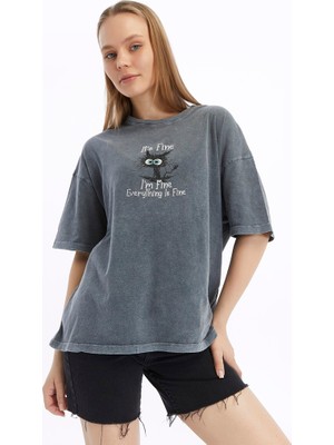 S-Ponder Kadın Her Şey Yolunda Baskılı Bisiklet Yaka Oversize %100 Pamuk Tişört