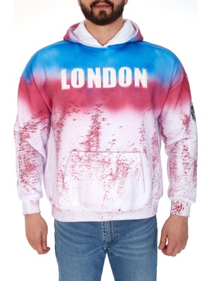 S-Ponder Erkek "splash London" Baskılı Kapüşonlu Hoodie  %100 Pamuklu Uzun Kollu