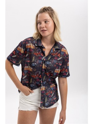 S-Ponder Kadın Retro Karavan Desenli %100 Polyester Örme Kısa Kollu Gömlek