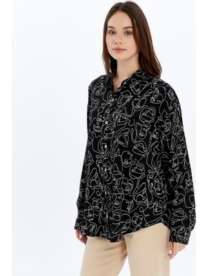 S-Ponder Kadın Modern Art Yüz Çizimli Oversize Uzun Kollu Gömlek