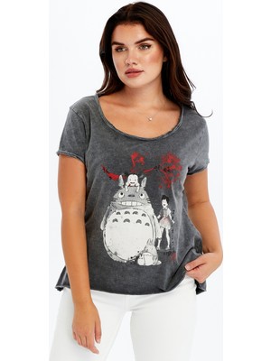 S-Ponder Kadın Totoro ve Mei Baskılı Bisiklet Yaka Crop Antrasit Yıkamalı Kumaş %100  Pamuk Tişört