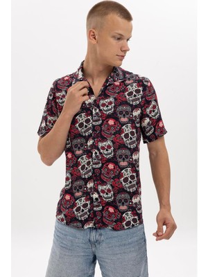 S-Ponder Erkek Kurukafa ve Gül Desenli %100 Viskon Kısa Kollu Gömlek
