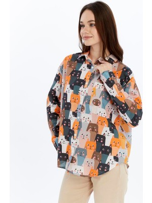 S-Ponder Kadın Anime Kedisi Nyaa Desenli %100 Pamuk Uzun Kollu Gömlek