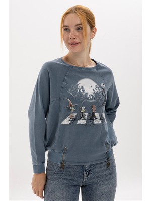 S-Ponder Kadın Abbey Road Tasarımlı Fermuar Ayrıntılı Sweatshirt %100 Pamuklu Uzun Kollu