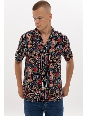 S-Ponder Erkek Göz Desenli %100 Viskon Kısa Kollu Gömlek