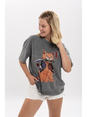 S-Ponder Kadın Katanalı Kedi Baskılı Bisiklet Yaka Oversize %100 Pamuk Tişört