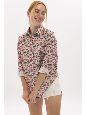 S-Ponder Kadın Mantar Desenli %100 Pamuk Uzun Kollu Gömlek