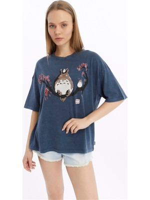 S-Ponder Kadın Totoro Dalda Baskılı Bisiklet Yaka Oversize %100 Pamuk Tişört