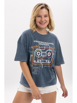 S-Ponder Kadın Kaset Müzik Türleri Tasarımlı Bisiklet Yaka Oversize %100 Pamuklu Tişört