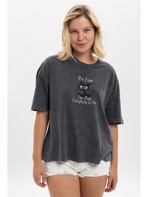 S-Ponder Kadın Her Şey Yolunda Baskılı Bisiklet Yaka Oversize %100 Pamuk Tişört