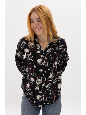 S-Ponder Kadın Rock'n Roll Kuru Kafa Desenli %100 Pamuk Uzun Kollu Gömlek
