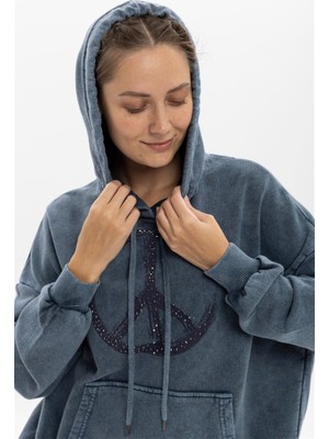 S-Ponder Kadın Peace Taş Ayrıntılı Baskılı Oversize Kapüşonlu %100 Pamuk Sweatshirt