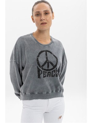 S-Ponder Kadın Peace Taş Ayrıntılı Tasarım Sweatshirt %100 Pamuklu Uzun Kollu