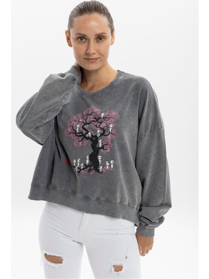 S-Ponder Kadın Ruh Ağacıi Tasarımlı Sweatshirt %100 Pamuklu Uzun Kollu