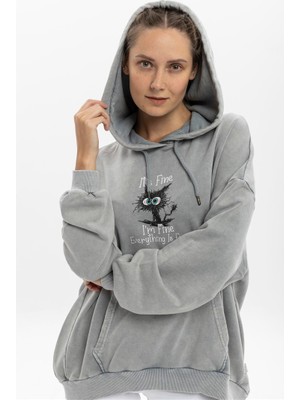 S-Ponder Kadın Her Şey Yolunda Baskılı Oversize Kapüşonlu %100 Pamuk Sweatshirt