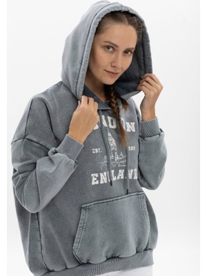 S-Ponder Kadın London England Baskılı Oversize Kapüşonlu %100 Pamuk Sweatshirt