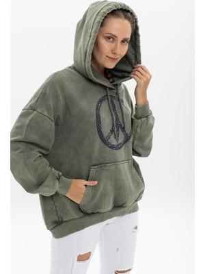 S-Ponder Kadın Peace Taş Ayrıntılı Baskılı Oversize Kapüşonlu %100 Pamuk Sweatshirt