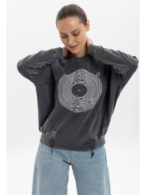 S-Ponder Kadın Izohips Plak Tasarımlı Fermuar Ayrıntılı Sweatshirt %100 Pamuklu Uzun Kollu