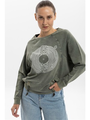 S-Ponder Kadın Izohips Plak Tasarımlı Fermuar Ayrıntılı Sweatshirt %100 Pamuklu Uzun Kollu