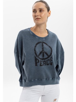 S-Ponder Kadın Peace Taş Ayrıntılı Tasarım Sweatshirt %100 Pamuklu Uzun Kollu