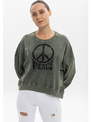 S-Ponder Kadın Peace Taş Ayrıntılı Tasarım Sweatshirt %100 Pamuklu Uzun Kollu