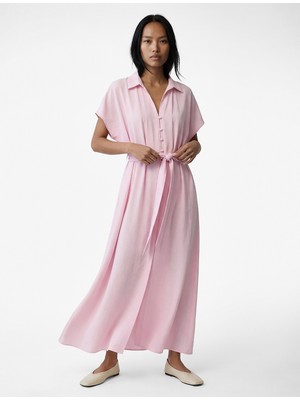 Koton Viskon Kemerli Kolsuz Düğmeli Midi Gömlek Elbise