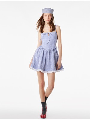 Koton Kolsuz Bağlamalı Yaka Volanlı Çizgili Kloş Mini Askılı Elbise