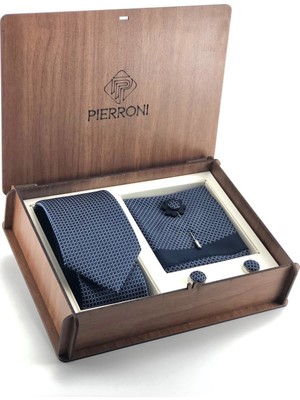 Pierroni Lacivert Kravat 4'lü Ahşap Kutulu Set Desenli Şık Erkek Aksesuarı