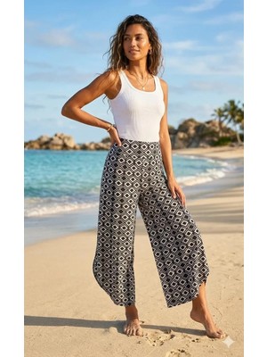 520CK Kadın Siyah Beyaz Geometrik Desenli Volanlı Geniş Paça Pantolon / Bohem Pantolon