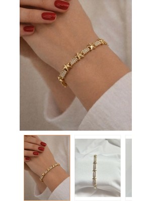 Gold Yıldız Detaylı Taşlı Şık Bileklik