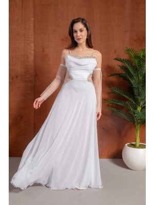 Lafaba Kadın Beyaz Taşlı Şifon Uzun Abiye Elbise