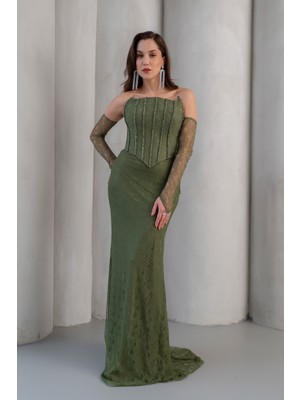 Lafaba Kadın Haki Straplez Yaka Taşlı Dantel Detay Uzun Abiye Elbise