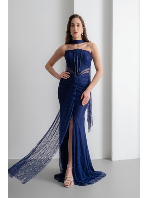 Lafaba Kadın Lacivert Straplez Yırtmaçlı Dantel Detay Uzun Abiye Elbise