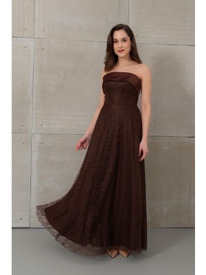 Lafaba Kadın Kahverengi Straplez Yaka Uzun Dantelli Abiye Elbise