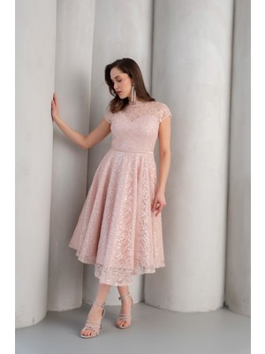 Lafaba Kadın Pudra Kısa Kollu Payetli Midi Kloş Söz Nişan Nikah Abiye Elbise