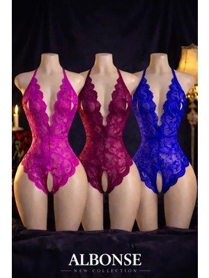 albonse Fuşya Bordo Saks Dantel Detaylı Sırtı Açık Fantezi Gecelik 3’lü Set