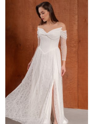 Lafaba Kadın Beyaz Kayık Yaka Dantel Detay Uzun Abiye Elbise