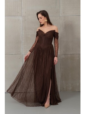 Lafaba Kadın Kahverengi Kayık Yaka Dantel Detay Uzun Abiye Elbise