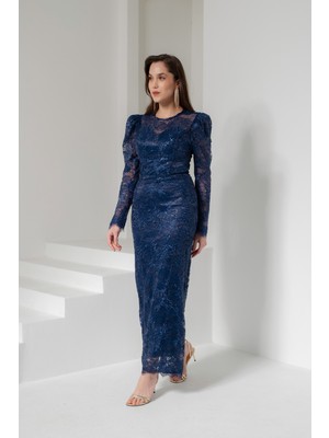 Lafaba Kadın Lacivert Dar Kalıp Bisiklet Yaka Dantelli Uzun Kol Abiye Elbise