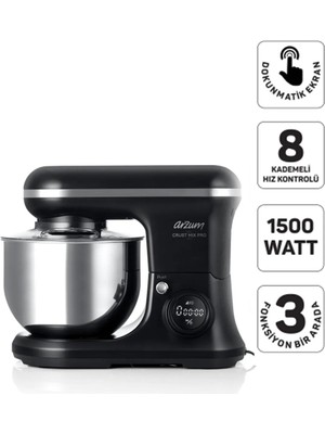 Arzum AR1186 Crust Mix Pro Stand Mikser 5L Kapasiteli 3 Farklı Aparat 1500W, Siyah