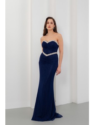 Lafaba Kadın Lacivert Straplez Yaka Dantel Detay Taşlı Uzun Abiye Elbise