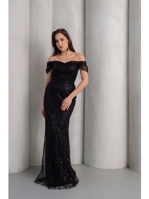 Lafaba Kadın Siyah Kayık Yaka Boncuklu Uzun Abiye Elbise