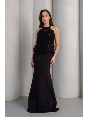 Lafaba Kadın Siyah Halter Yaka Çiçekli Uzun Balık Abiye Elbise