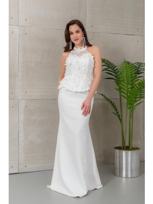 Lafaba Kadın Beyaz Halter Yaka Çiçekli Uzun Balık Abiye Elbise