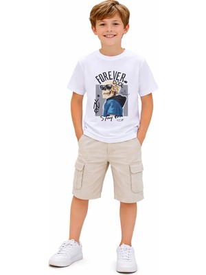 İrem Çocuk Giyim Erkek Çocuk Forever Yazılı Kuru Kafa Desenli Keten Şortlu İkili Takım