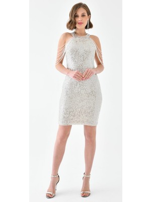 Hanife Glam Couture Hanife Glam Halter Yaka Taş Tasarımlı Mini Elbise