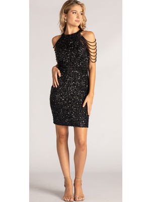 Hanife Glam Couture Hanife Glam Halter Yaka Taş Tasarımlı Mini Elbise