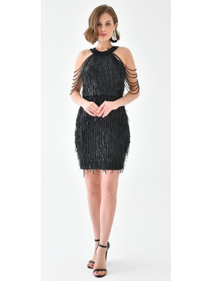 Hanife Glam Couture Hanife  Glam Halter Yaka Taş Tasarımlı Saçaklı Pul Payet Mini Elbise