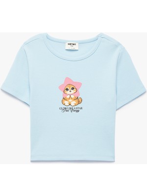 Koton Pamuklu Kısa Kollu Bisiklet Yaka Baskılı Tişört