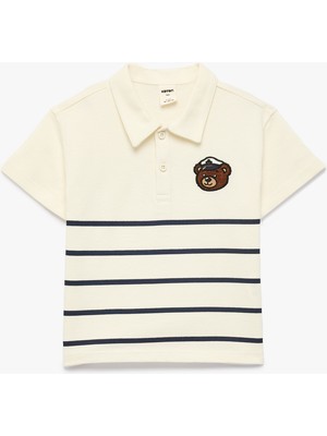 Koton Ayıcık Detaylı Düğmeli Çizgili Kısa Kollu Pamuklu Oversize Polo Yaka Tişört